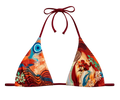 Colorful bikini top with floral and abstract patterns on a white background