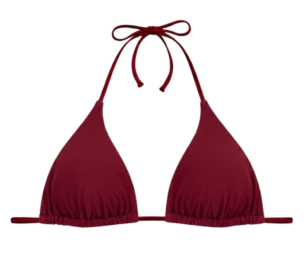 burgendy bikini top with halter straps on a white background