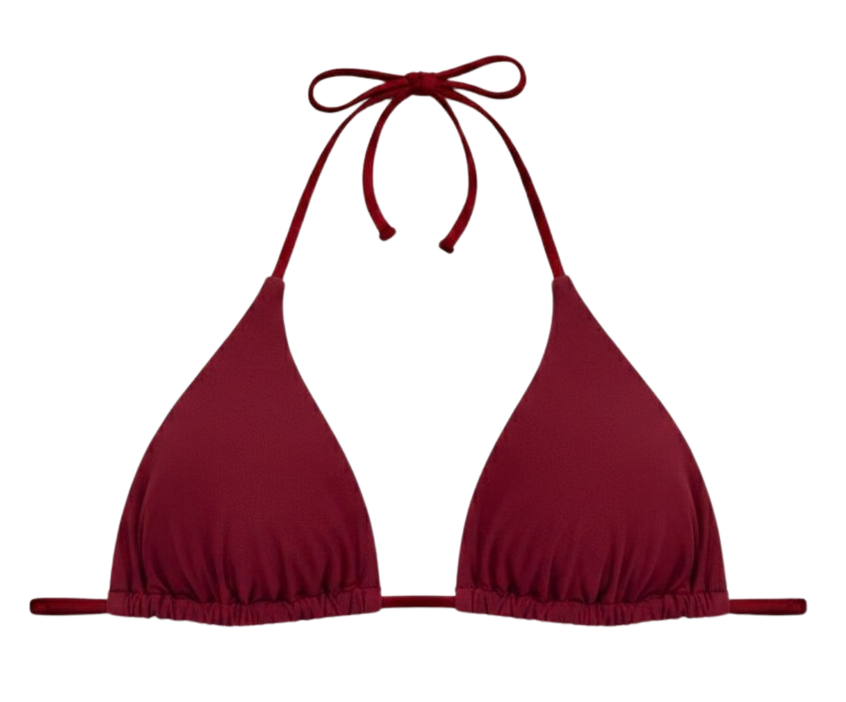burgendy bikini top with halter straps on a white background