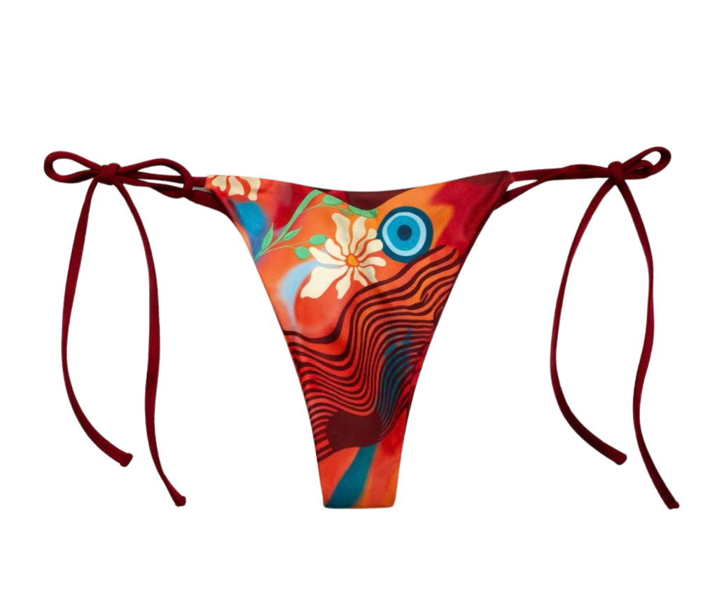 Colorful pattern bikini bottom with floral design on a white background