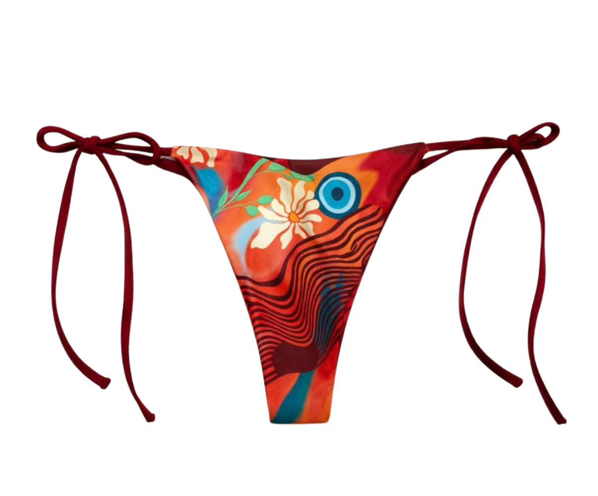 Colorful pattern bikini bottom with floral design on a white background