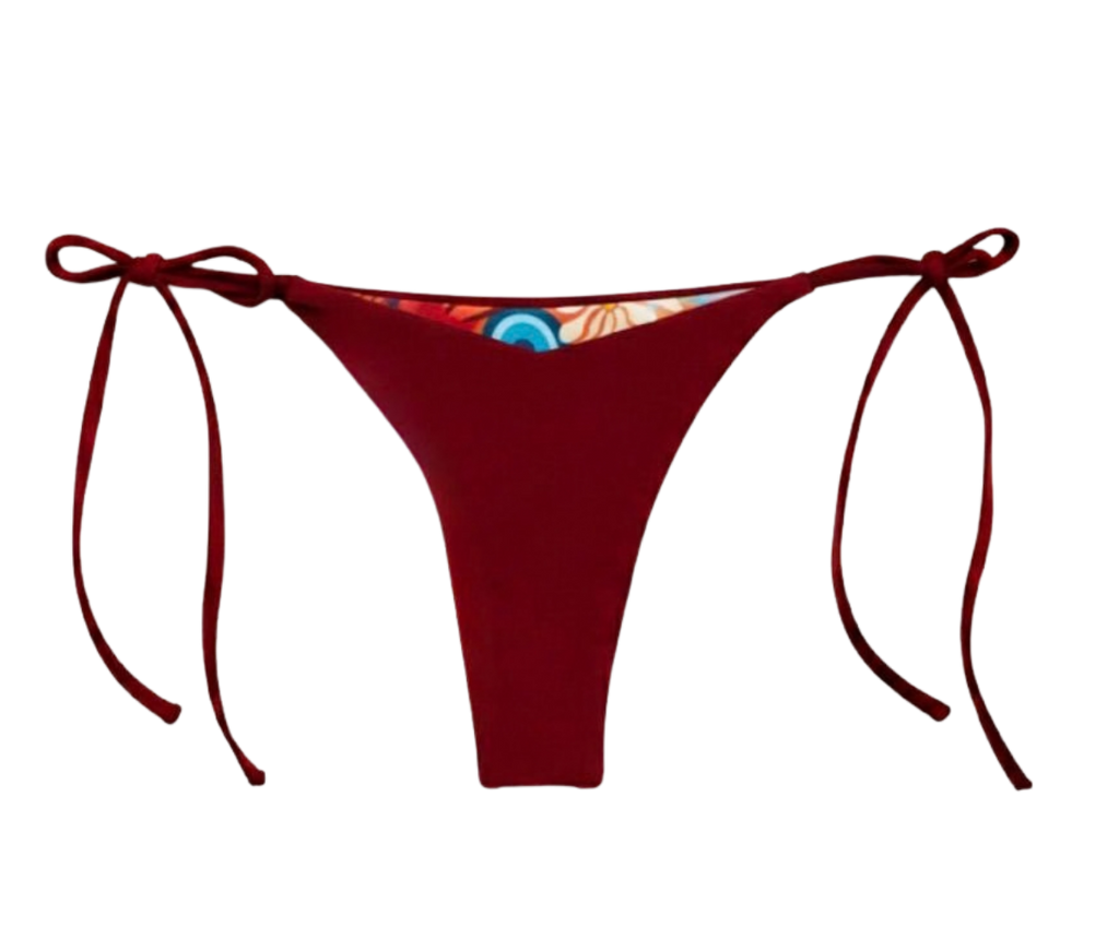 Burgendy bikini bottom with tie sides on a white background