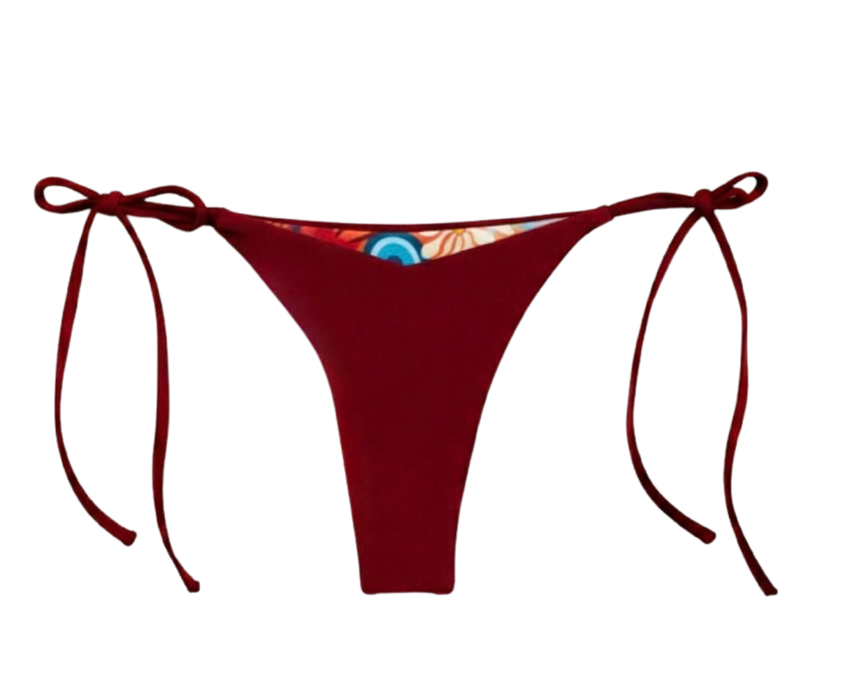 Burgendy bikini bottom with tie sides on a white background