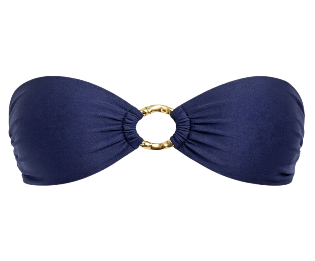 Navy blue bandeau bikini top with gold ring on a white background