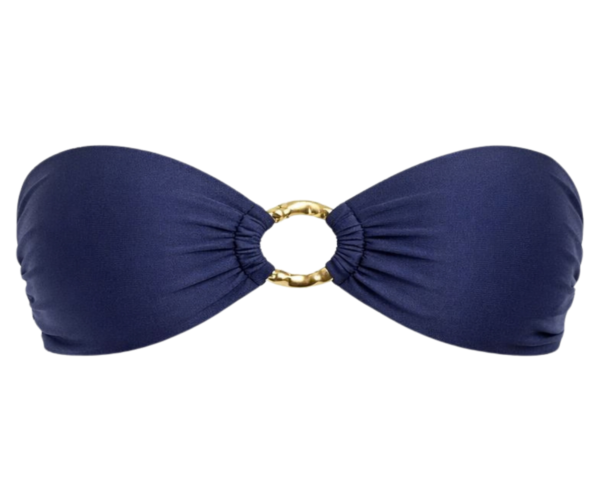 Navy blue bandeau bikini top with gold ring on a white background