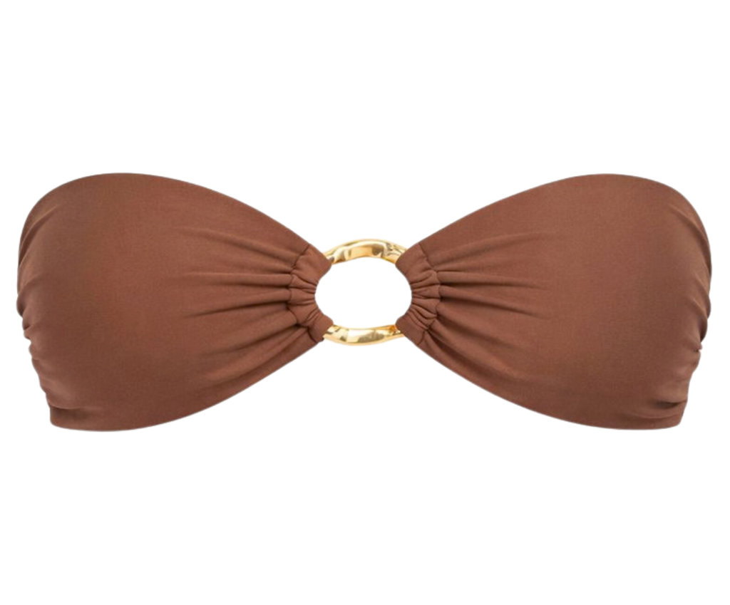 Brown bikini top with gold ring on a white background