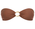 Brown bikini top with gold ring on a white background