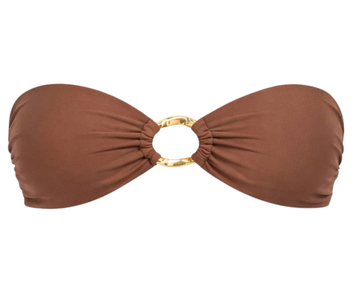Brown bikini top with gold ring on a white background