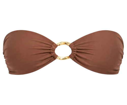Brown bikini top with gold ring on a white background