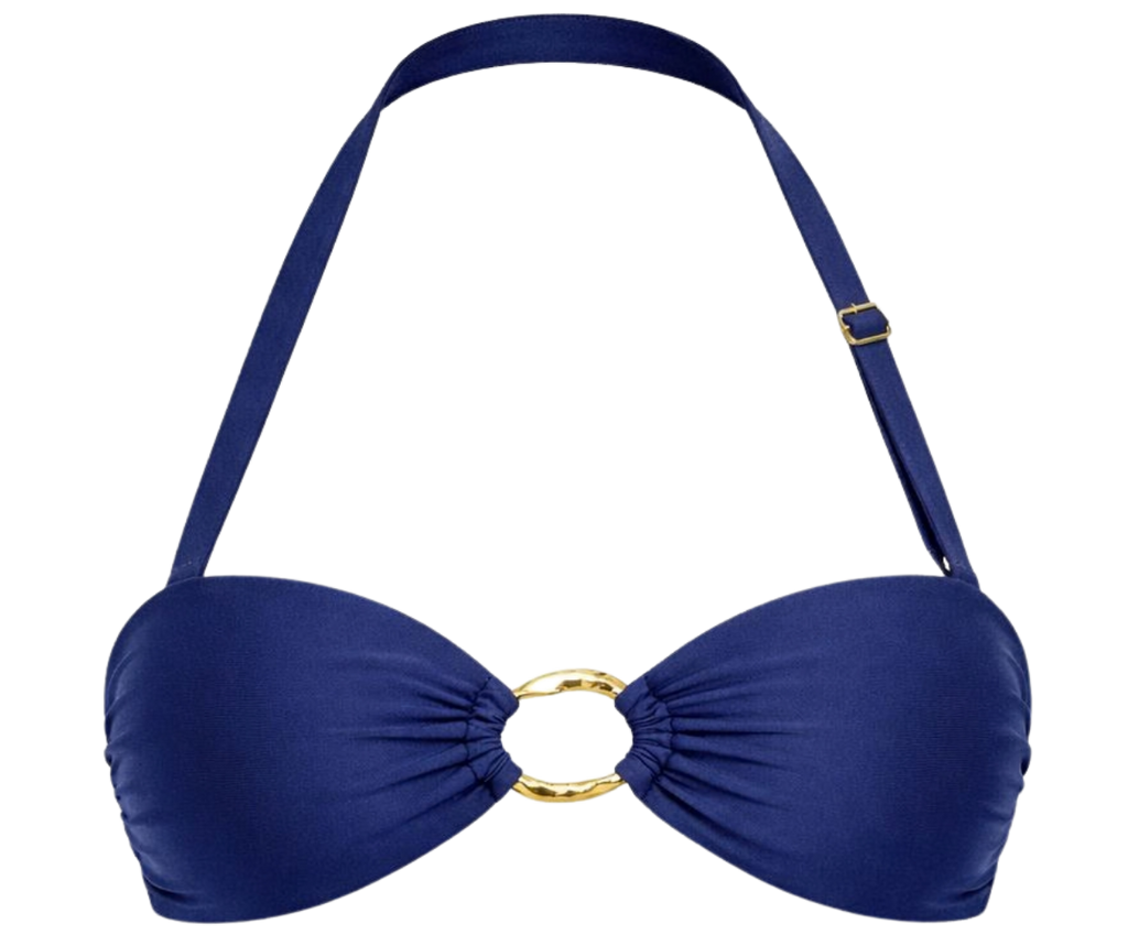 Navy blue bikini top with gold ring design on a white background
