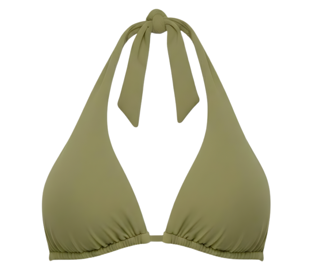 Green bikini top with halter straps on a white background