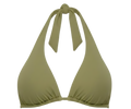 Green bikini top with halter straps on a white background