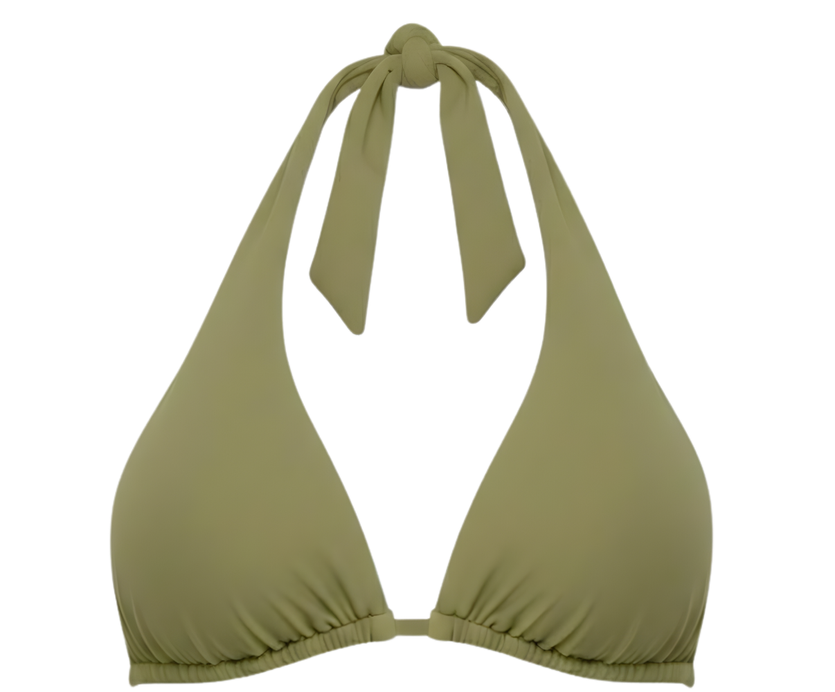 Green bikini top with halter straps on a white background