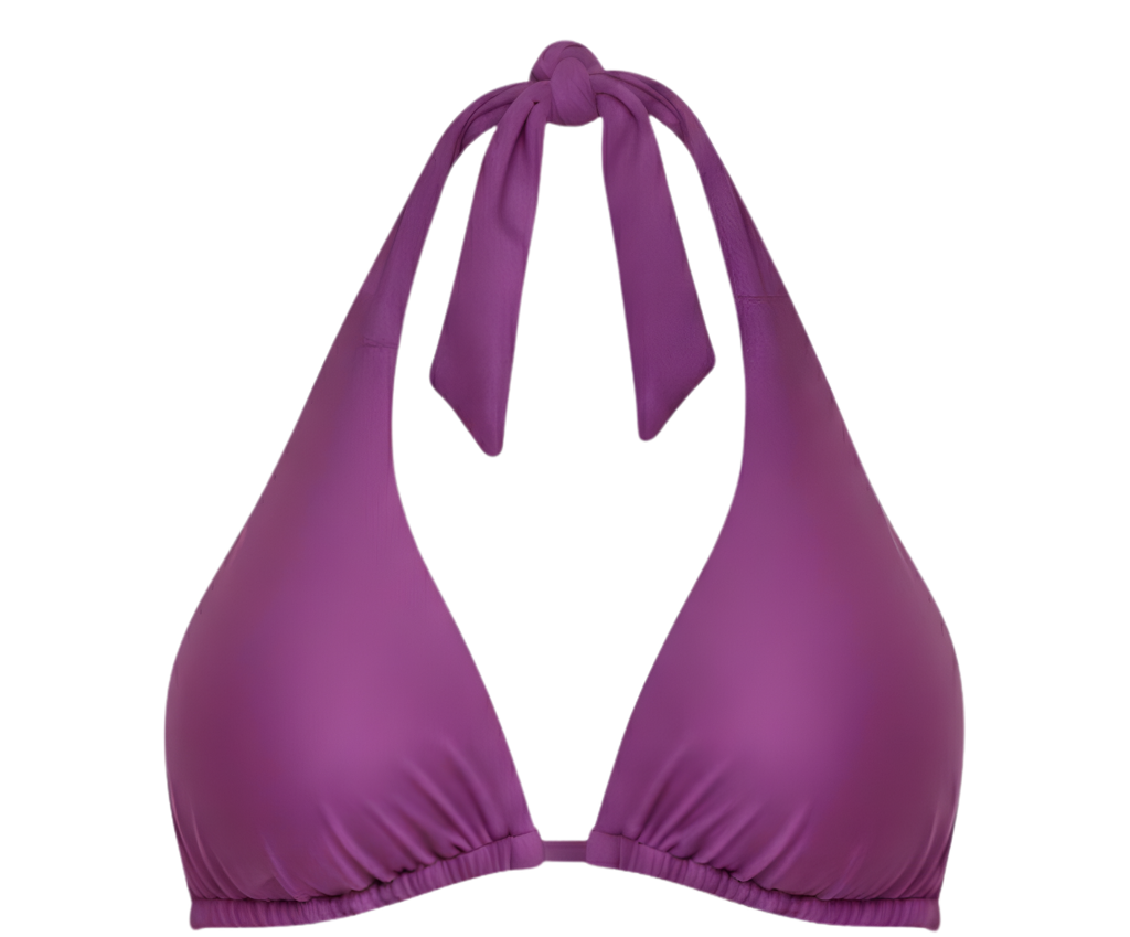 Purple bikini top with halter straps on a white background