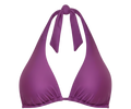 Purple bikini top with halter straps on a white background