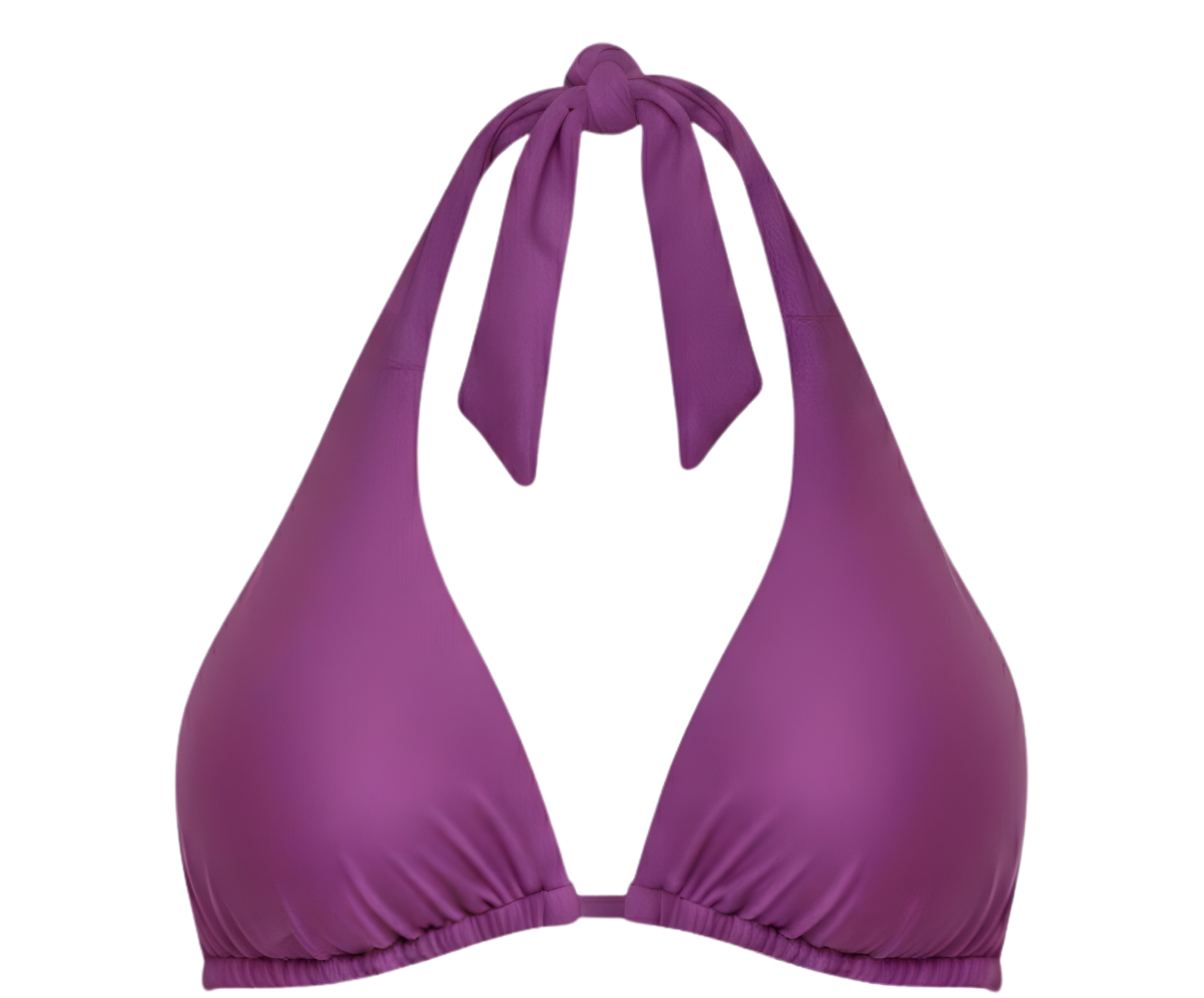 Purple bikini top with halter straps on a white background