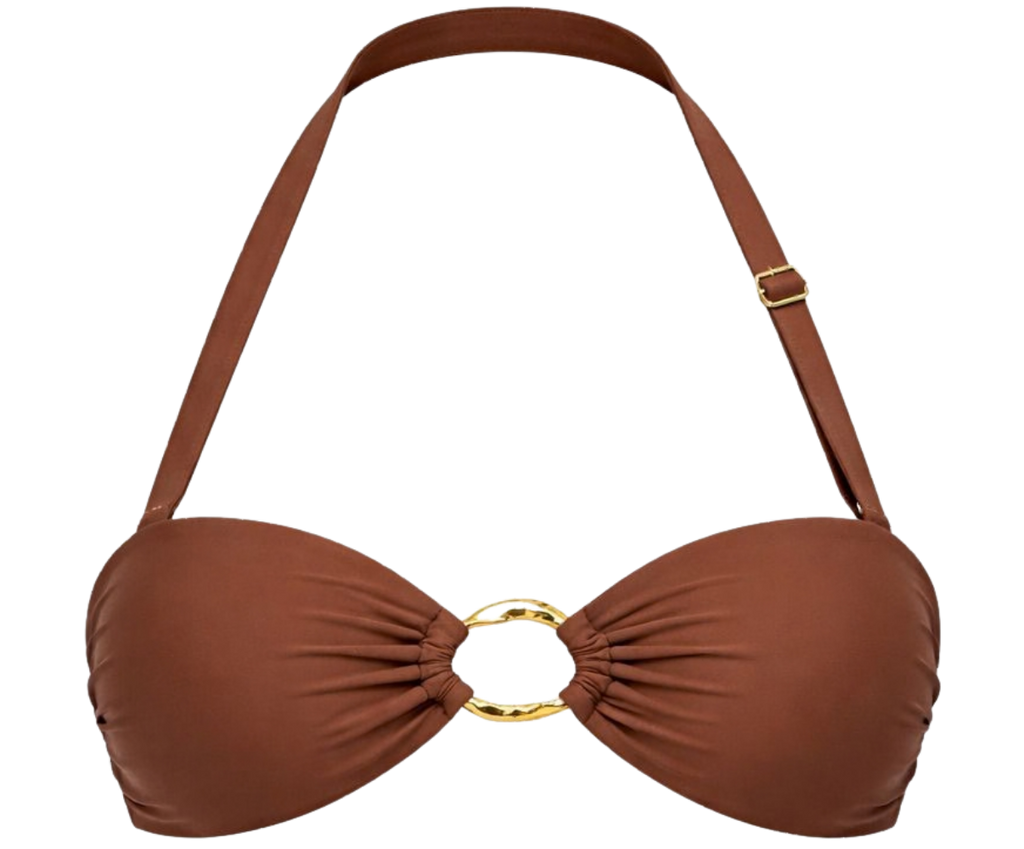 Brown bikini top with gold ring detail on a white background