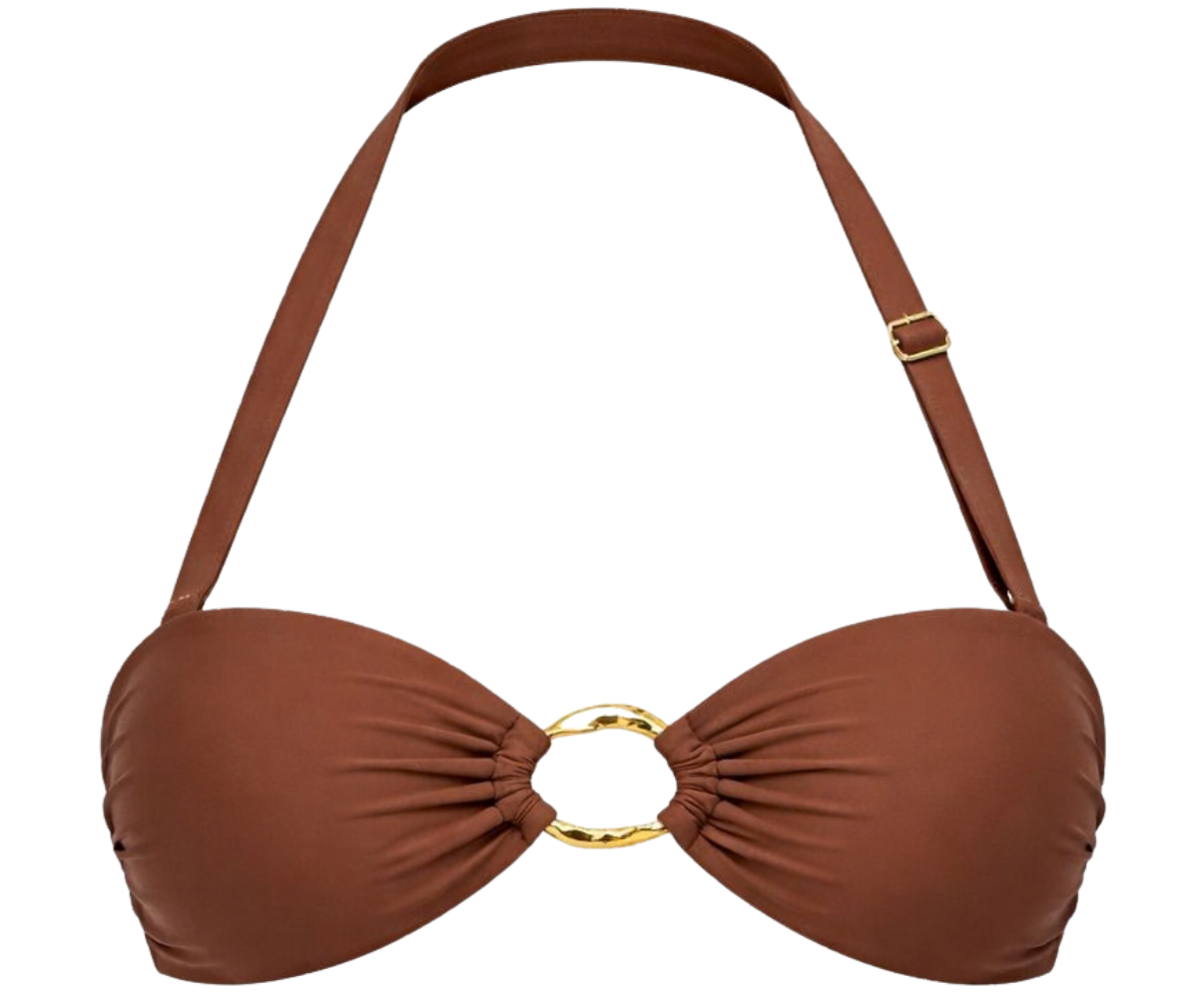 Brown bikini top with gold ring detail on a white background